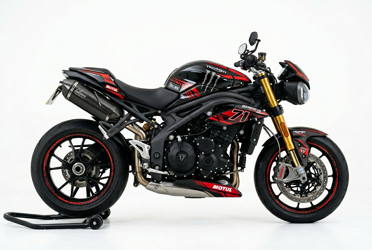 Triumph Speed Triple red black decals on black paint side view