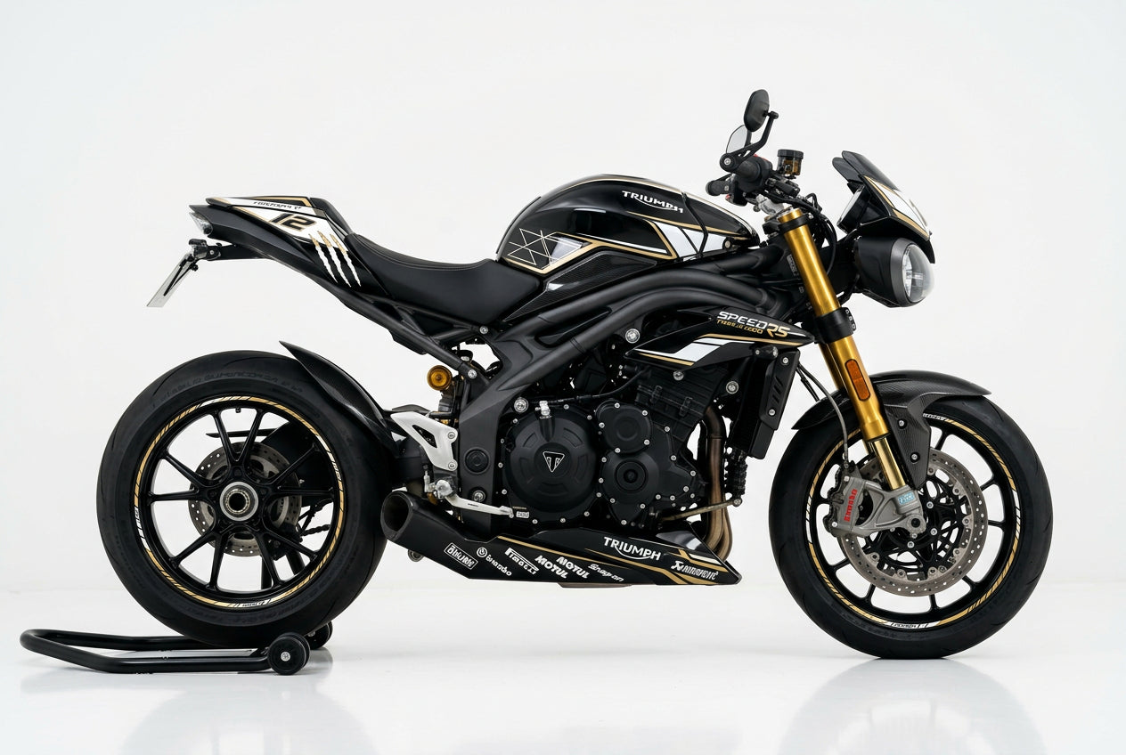 Triumph Speed Triple white gold decals on black paint side view