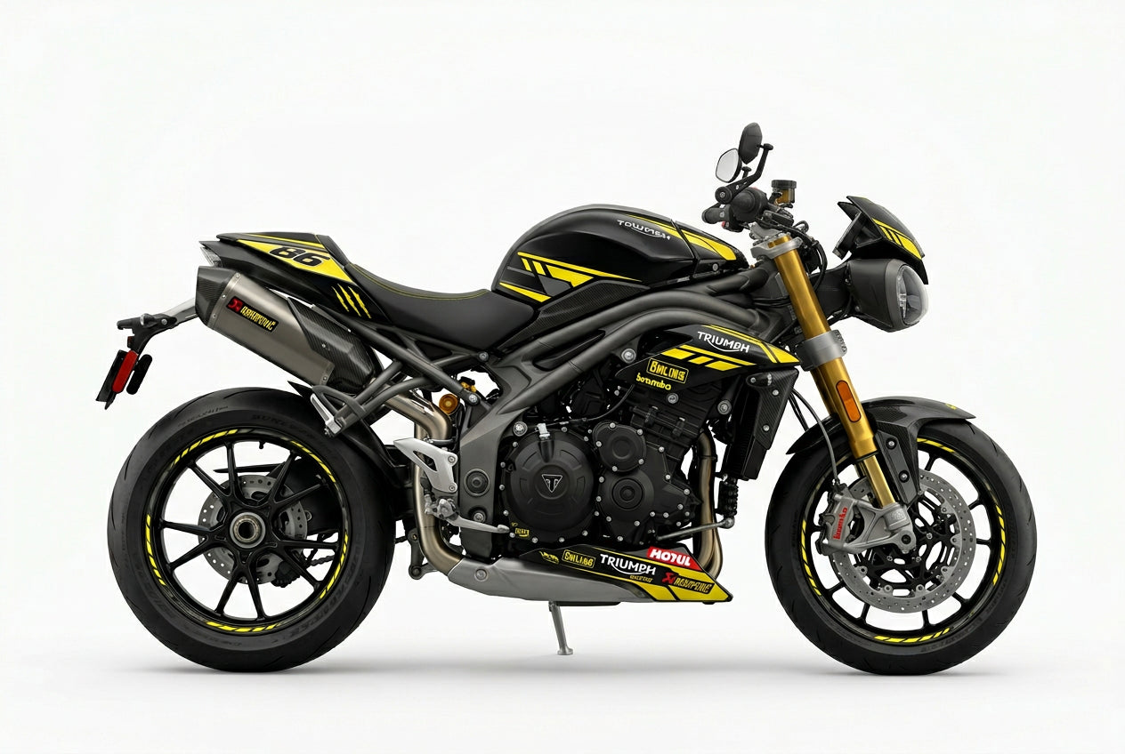 Triumph Speed Triple yellow black decals on black paint side view