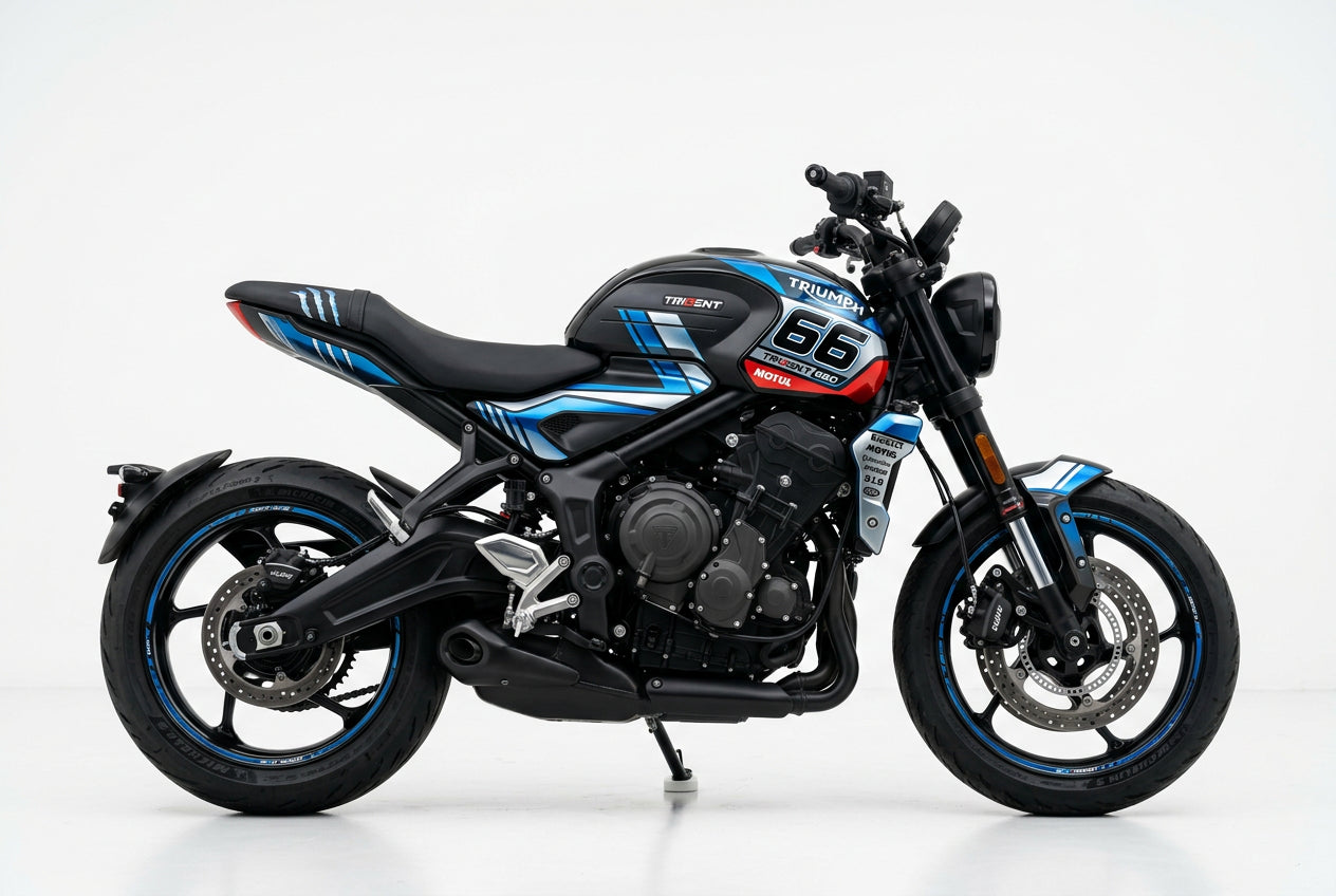 Triumph Trident 660 blue silver decals on black paint side view