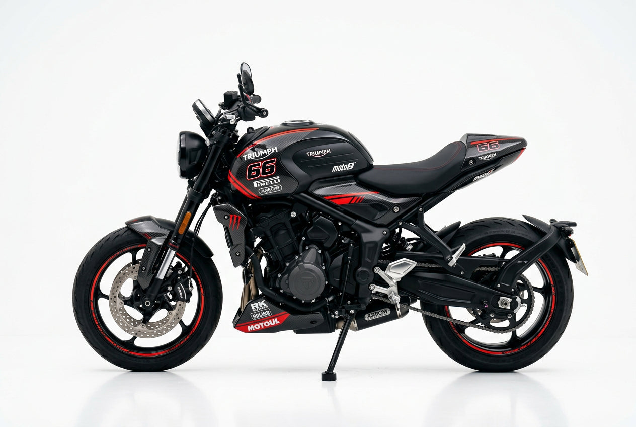 Triumph Trident 660 carbon red decals on black paint side view