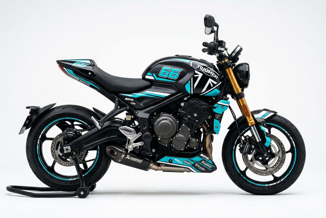 Triumph Trident 660 cyan white decals on black paint side view