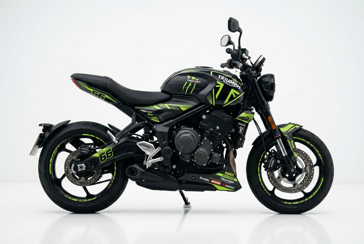 Triumph Trident 660 green black decals on black paint side view