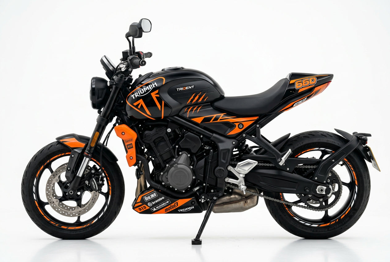 Triumph Trident 660 orange black decals on black paint side view