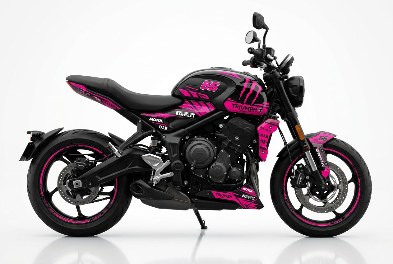 Triumph Trident 660 pink black decals on black paint side view
