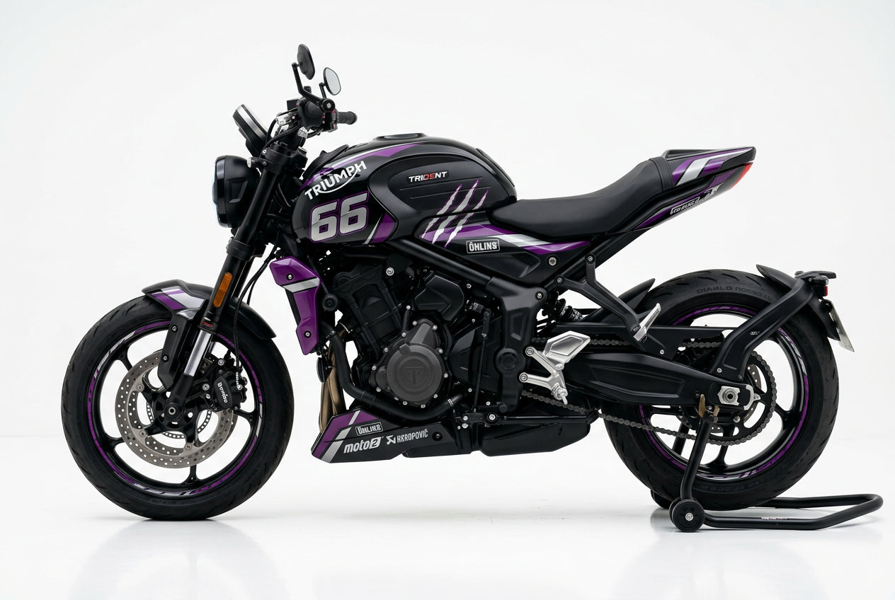 Triumph Trident 660 purple silver decals on black paint side view