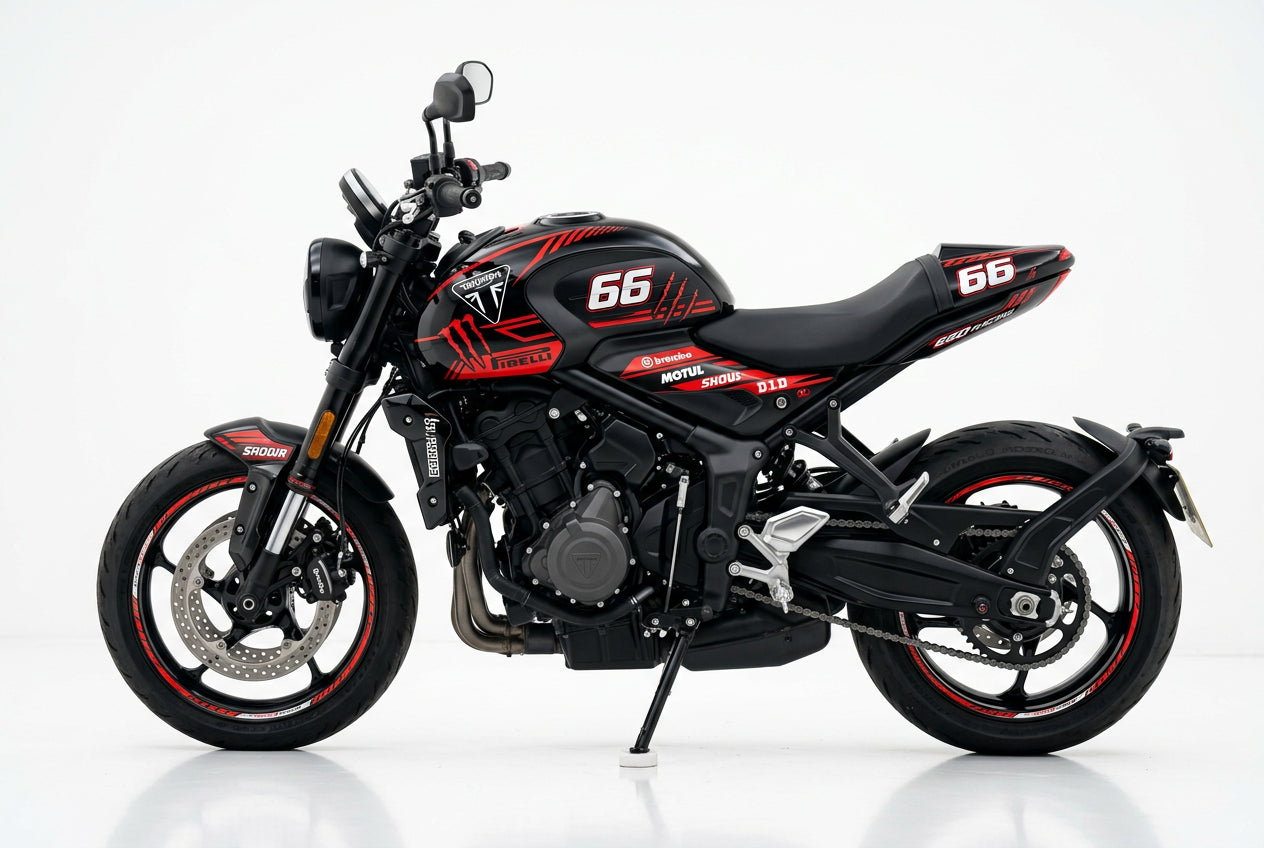 Triumph Trident 660 red black decals on black paint side view