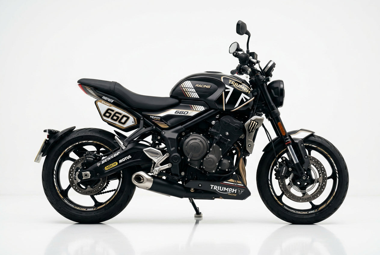 Triumph Trident 660 white gold decals on black paint side view