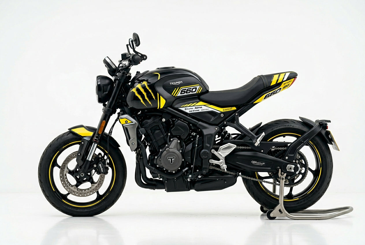 Triumph Trident 660 yellow black decals on black paint side view